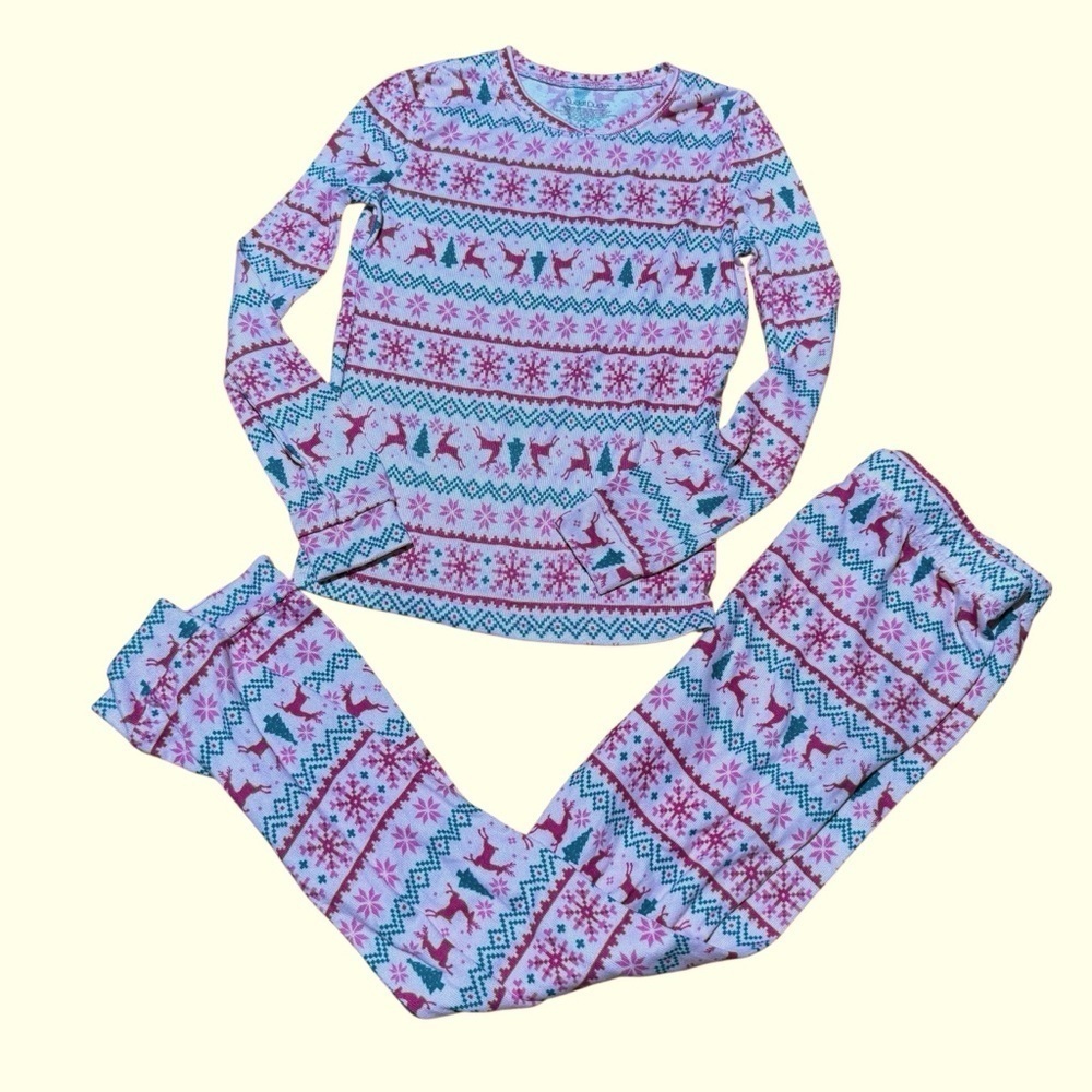 Cuddl Duds Pink Christmas Pajama 2PC Set Girls Size 14 Long Sleeve Top Pants